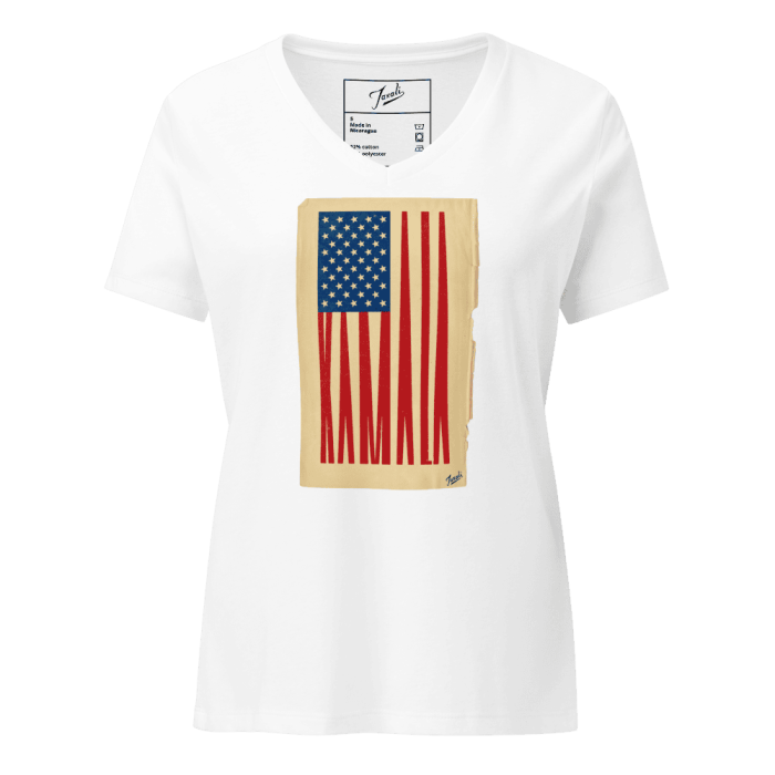 womens-relaxed-v-neck-t-shirt-solid-white-blend-front-66d3a331c40de.png “Gary Taxali “Kamala Flag” Women’s relaxed v-neck t-shirt - pop art apparel by Gary Taxali