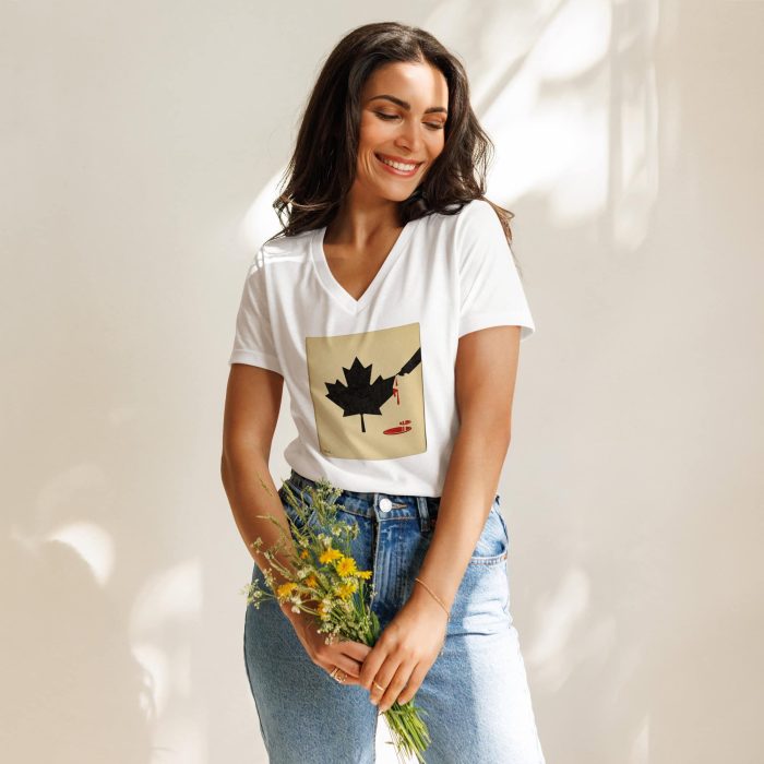 womens-relaxed-v-neck-t-shirt-solid-white-blend-front-67a27df2a2976.jpg GARY TAXALI “DON'T MESS WITH CANADA” WOMEN’S RELAXED V-NECK T-SHIRT - art fashion by Canadian artist Gary Taxali