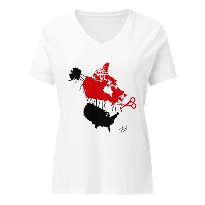 womens-relaxed-v-neck-t-shirt-solid-white-blend-front-67f3324a44a18.jpg GARY TAXALI “CUTTING TIES” WOMEN’S RELAXED V-NECK T-SHIRT - WHITE - pop art apparel by Canadian artist Gary Taxali