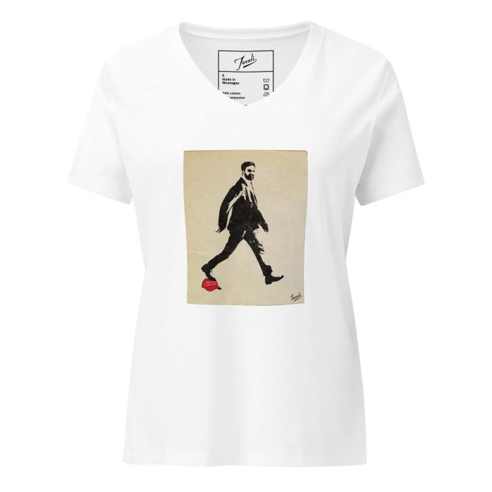 womens-relaxed-v-neck-t-shirt-solid-white-blend-front-690f7cea5c89d.jpg GARY TAXALI “ZOHRAN MAMDANI” RELAXED WOMEN'S V-NECK T-SHIRT - artist designed clothing by Gary Taxali