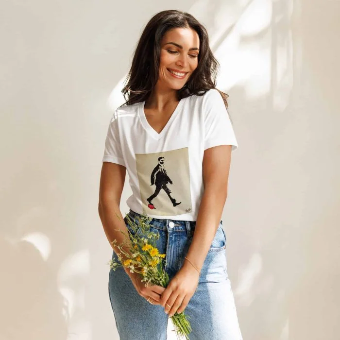 womens-relaxed-v-neck-t-shirt-solid-white-blend-front-690f7cea5f12b.jpg GARY TAXALI “ZOHRAN MAMDANI” RELAXED WOMEN'S V-NECK T-SHIRT - artist designed clothing by Gary Taxali