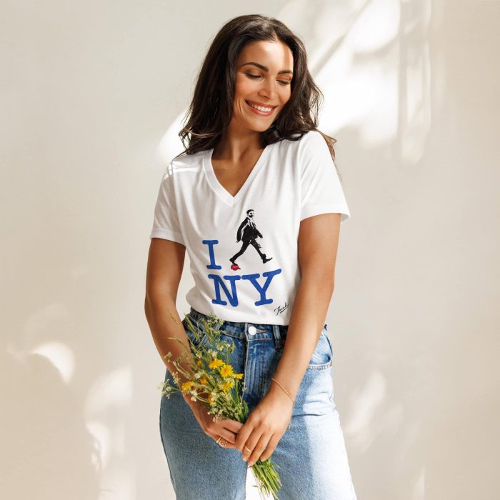 GARY TAXALI “ZOHRAN MAMDANI - I HEART NY” WOMEN’S RELAXED V-NECK T-SHIRT – WHITE - art fashion by Canadian artist Gary Taxali