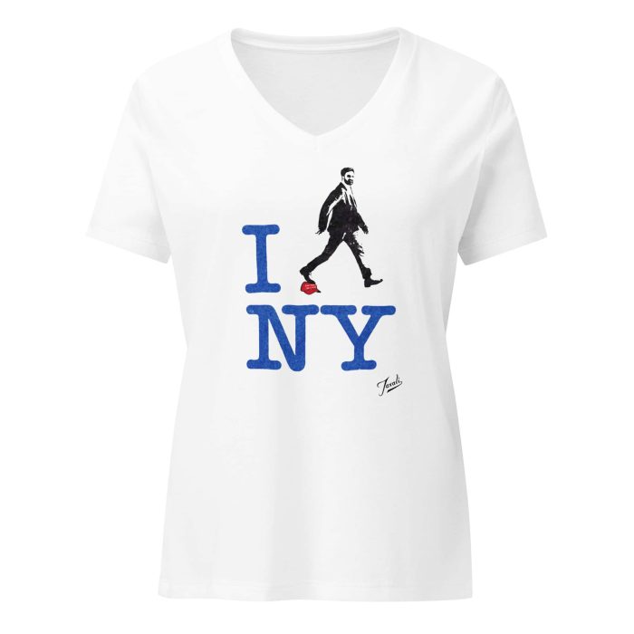 womens-relaxed-v-neck-t-shirt-solid-white-blend-front-690f7ebf65514.jpg GARY TAXALI “ZOHRAN MAMDANI - I HEART NY” WOMEN’S RELAXED V-NECK T-SHIRT – WHITE - art fashion by Canadian artist Gary Taxali