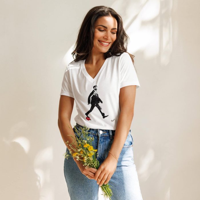 womens-relaxed-v-neck-t-shirt-solid-white-blend-front-690f806eceaf9.jpg GARY TAXALI “ZOHRAN MAMDANI” WOMEN’S RELAXED V-NECK T-SHIRT – WHITE - pop art apparel by Canadian artist Gary Taxali