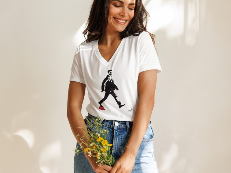 GARY TAXALI “ZOHRAN MAMDANI” WOMEN’S RELAXED V-NECK T-SHIRT – WHITE