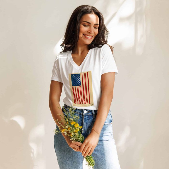 womens-relaxed-v-neck-t-shirt-solid-white-blend-front-692f46be8542b.jpg GARY TAXALI “MAMDANI FLAG” WOMEN’S RELAXED V-NECK T-SHIRT - pop art apparel by Canadian artist Gary Taxali