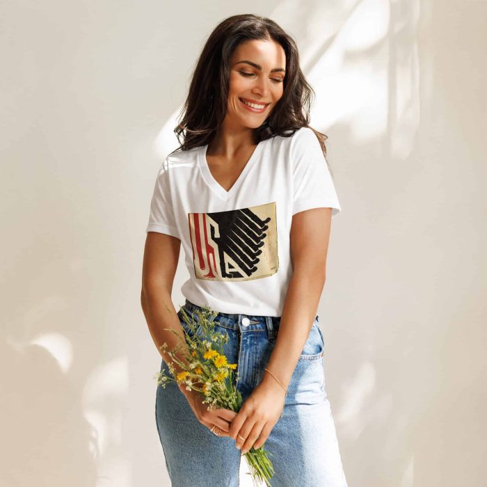 womens-relaxed-v-neck-t-shirt-solid-white-blend-front-696147f0aa85c.jpg GARY TAXALI "ALL LOUD ON THE WESTERN FRONT" Women’s relaxed v-neck t-shirt - art fashion by Canadian artist Gary Taxali